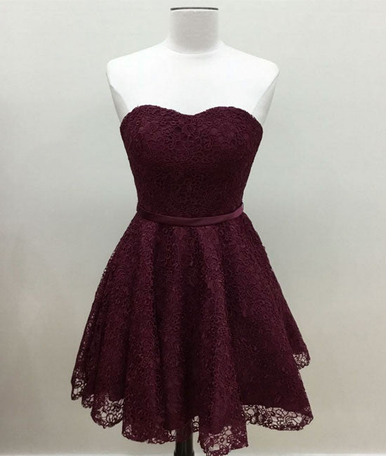 Cute burgundy lace short prom dress, burgundy short homecoming dress - shdress