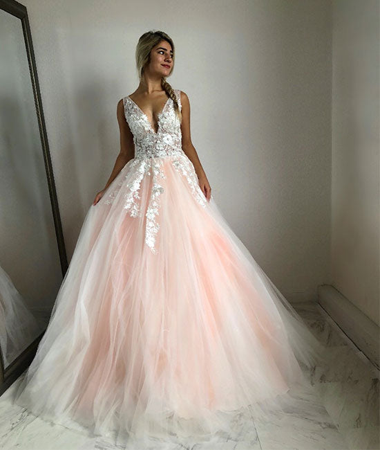 Pink v neck tulle lace long prom dress, pink evening dress - shdress