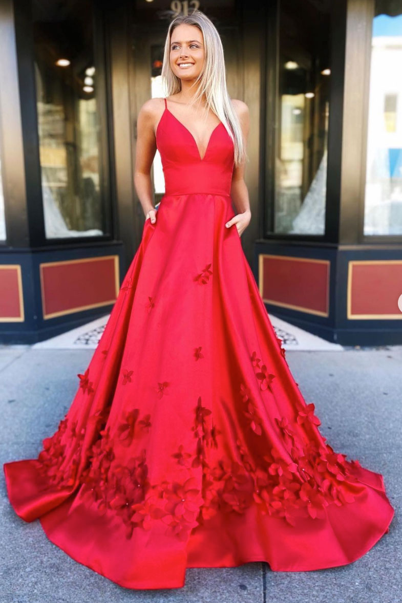 red satin dress with pockets Red Satin Strapless Side Slit With Pockets Prom Dresses, CP0126 US0 / Custom Color(leaving a note)