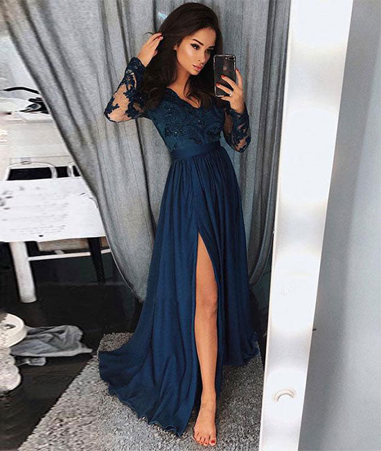 Dark blue lace long prom dress, lace blue bridesmaid dress shdress Dark blue lace long prom dress, lace blue bridesmaid dress shdress