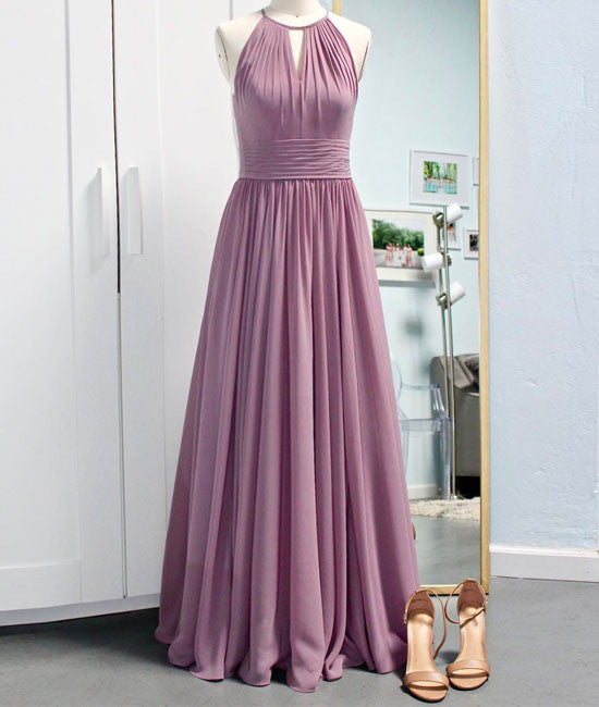 Simple pink chiffon long prom dress, bridesmaid dress - shdress