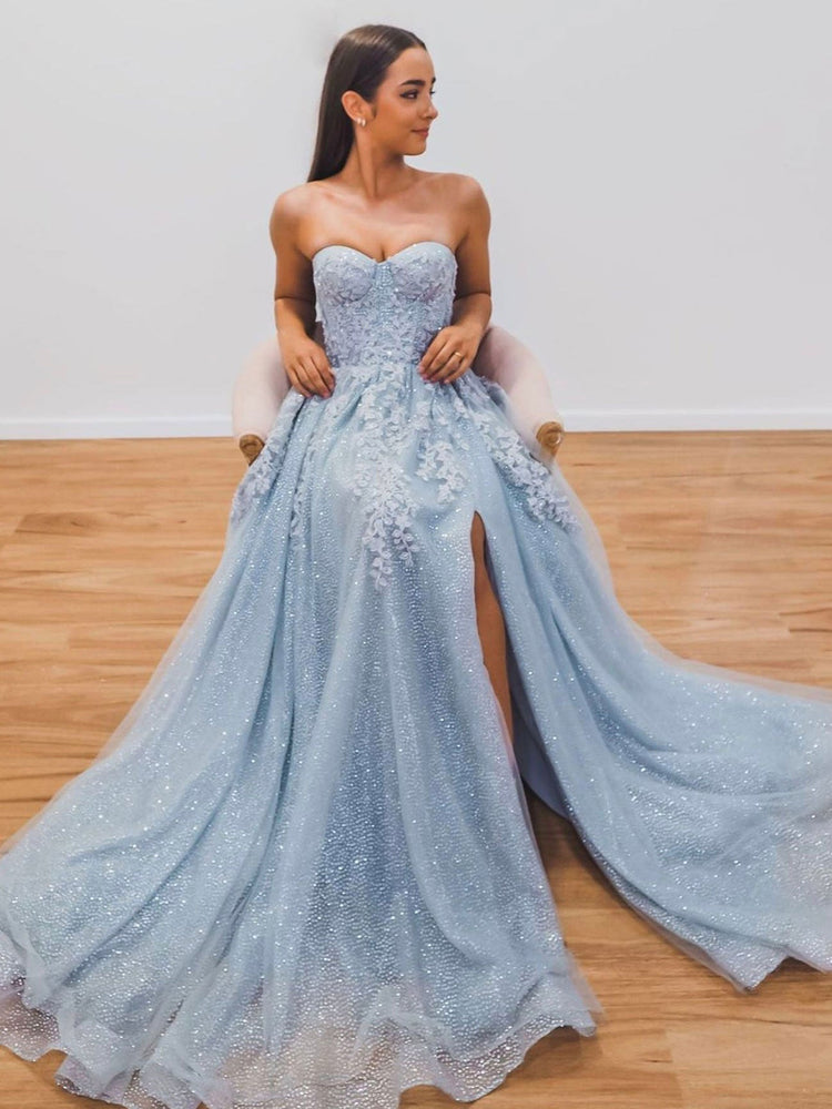 A-Line Sweetheart Neck Blue Long Prom Dresses, Blue Formal Graduation – shdress