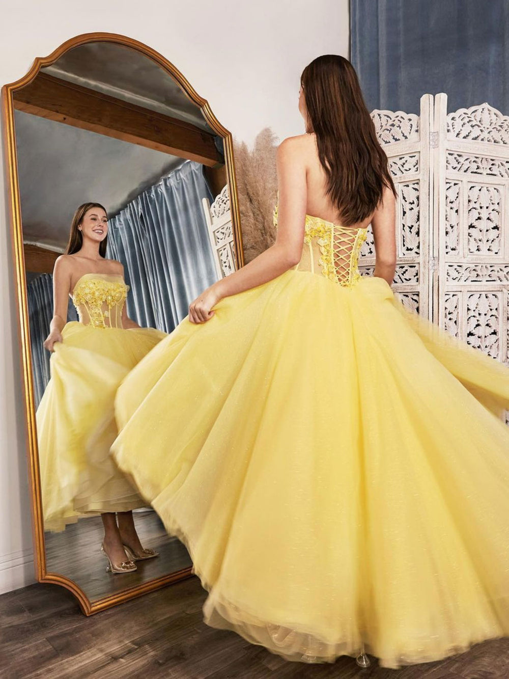 Yellow tulle lace tea length prom dress, lace tulle formal dress