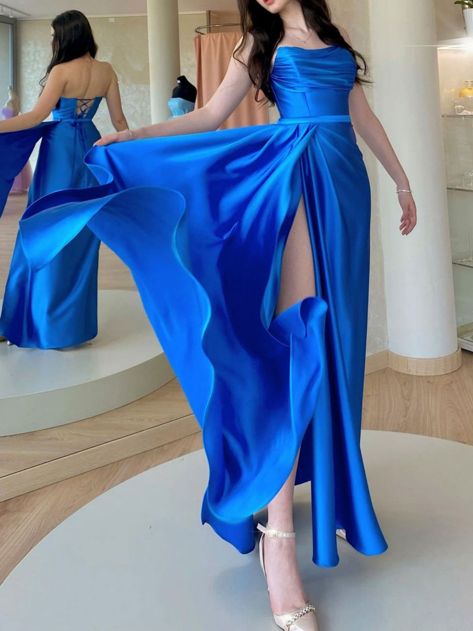 simple a line dark blue satin long prom dress blue satin prom dress Blue Satin A-line Long Prom Dresses With High Slit SP798-parroquiadesanalbertomagno.com