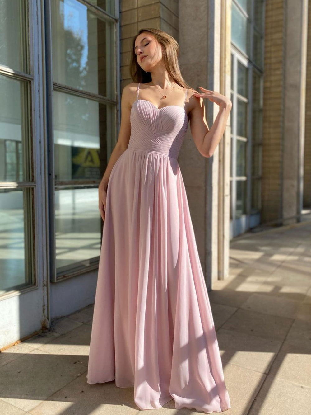 Simple sweetheart neck pink chiffon long prom dress, pink bridesmaid dress