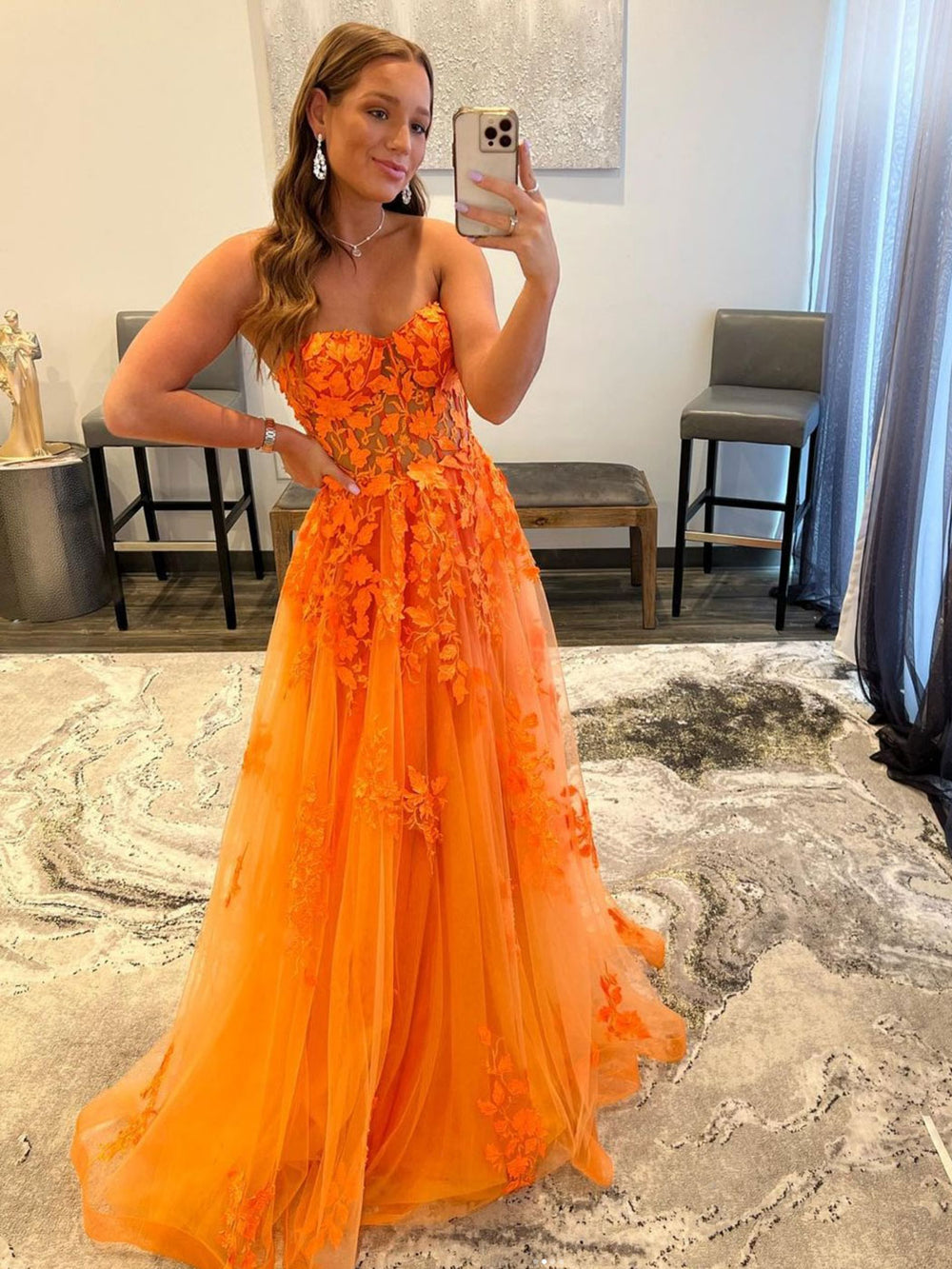 Orange tulle lace long prom dress, orange tulle formal evening dress