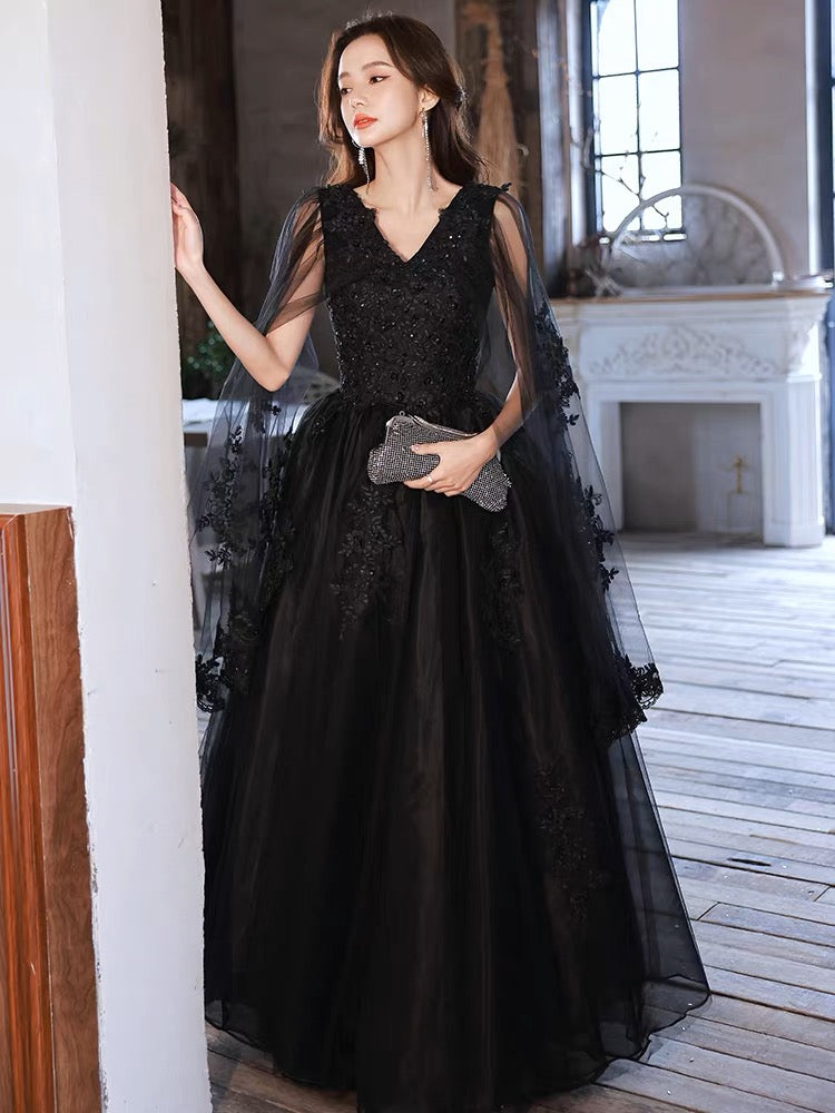 Black V neck Tulle Lace Long Prom Dresses, Black Lace Formal Evening D – shdress