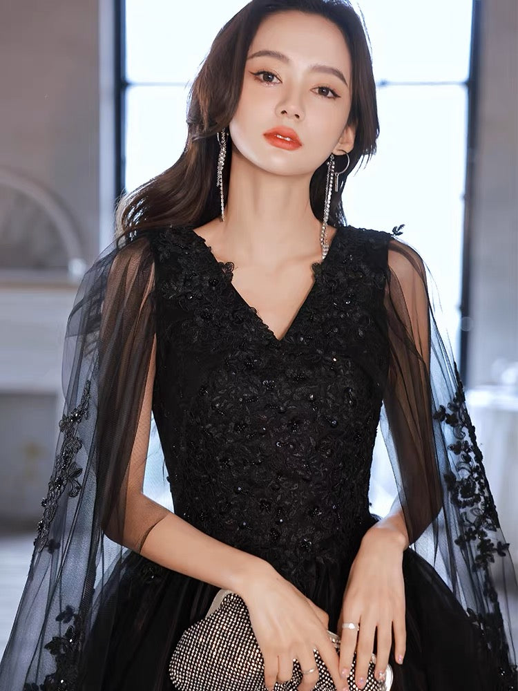 Black V neck Tulle Lace Long Prom Dresses, Black Lace Formal Evening D shdress Black V neck Tulle Lace Long Prom Dresses, Black Lace Formal Evening D shdress