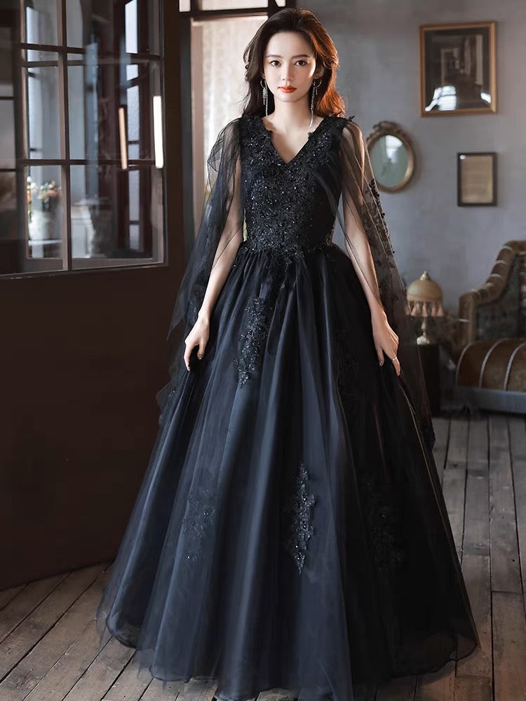 Black V neck Tulle Lace Long Prom Dresses, Black Lace Formal Evening Dresses