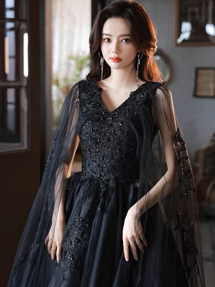 Black V neck Tulle Lace Long Prom Dresses, Black Lace Formal Evening D – shdress