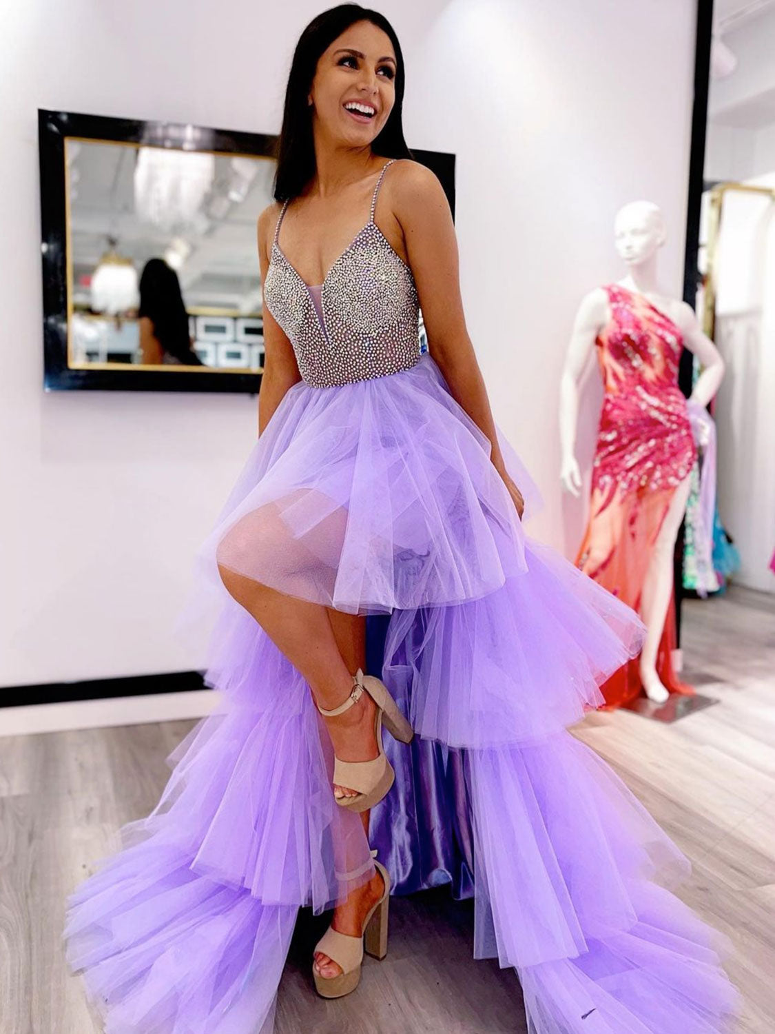 
                  
                    Purple high low long prom dress purple long formal dress
                  
                