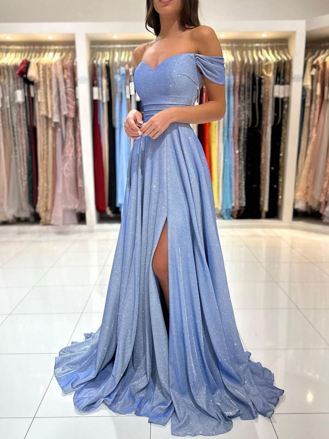 
                  
                    A-Line Sweetheart Neck Off Shoulder Blue Long Prom Dress, Blue Formal Evening Dress
                  
                