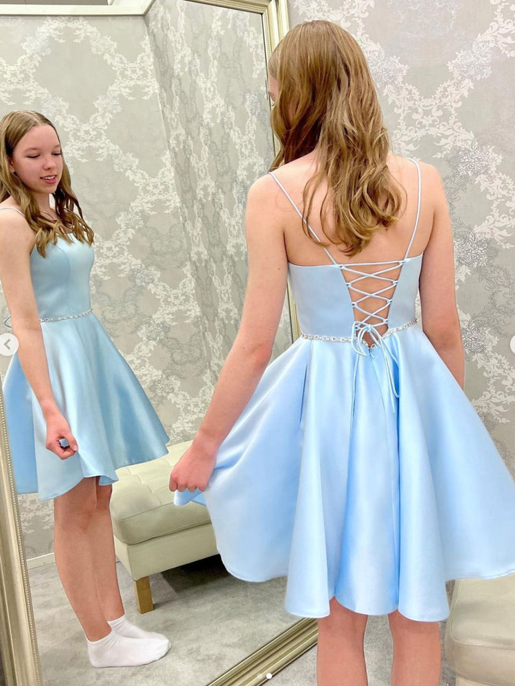 
                  
                    Blue  satin beads short prom dress, blue homecoming dress
                  
                