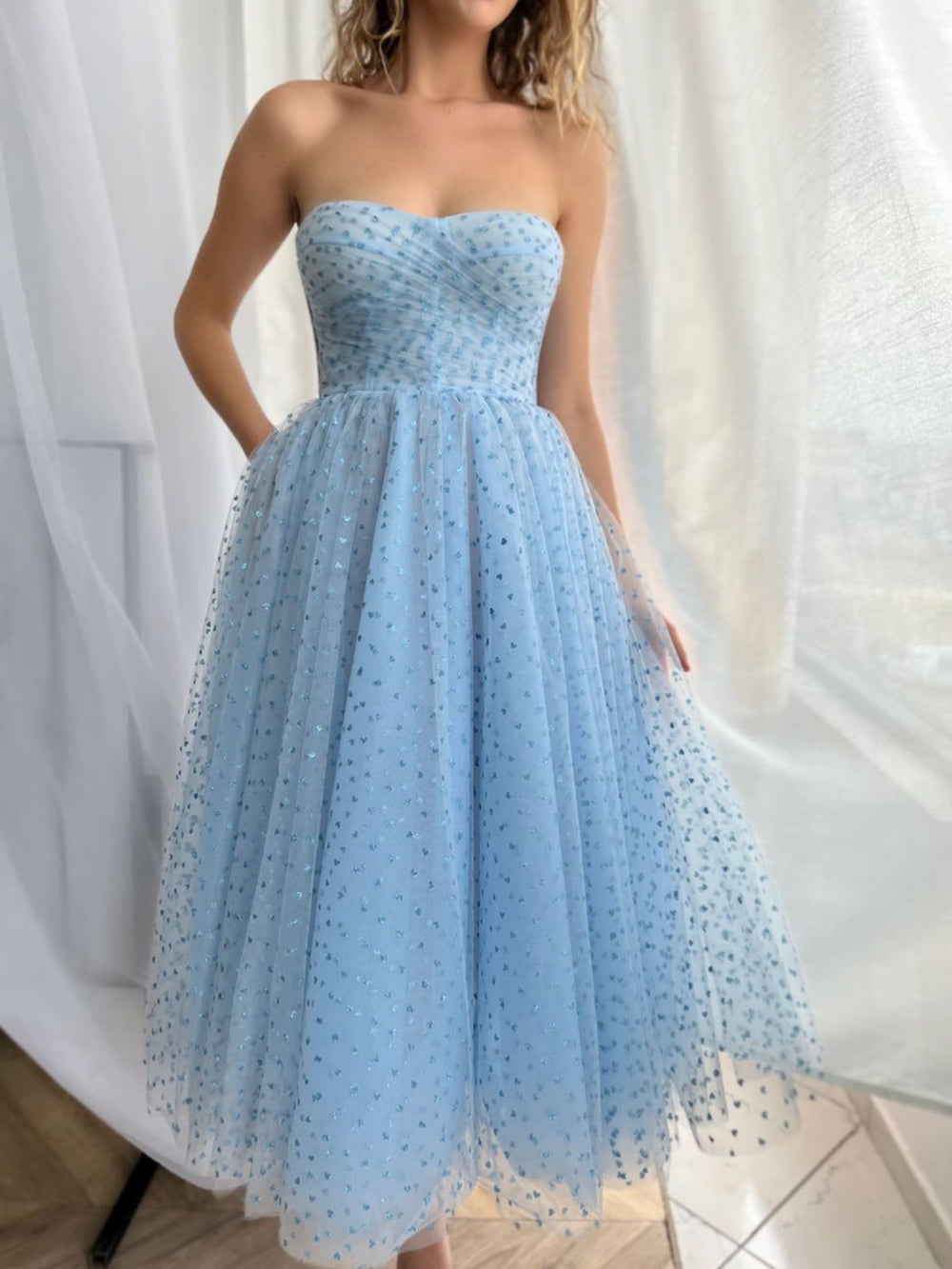 Aline Blue Short Prom Dresses, Sweetheart Neck Tulle Blue Homecoming Bridesmaid Dresses