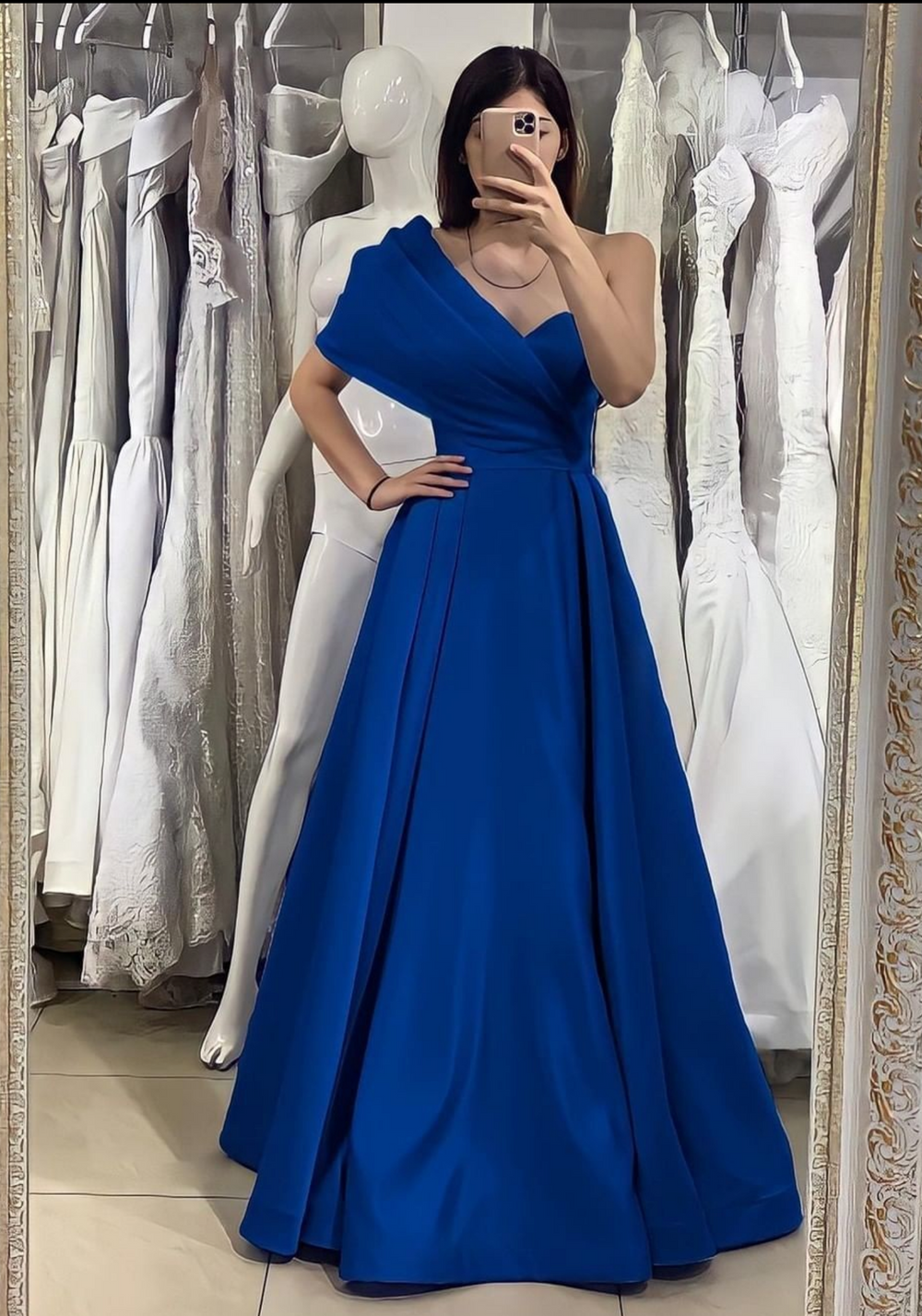 Simple One Shoulder Satin Blue Long Prom Dresses, Blue Formal Dreses