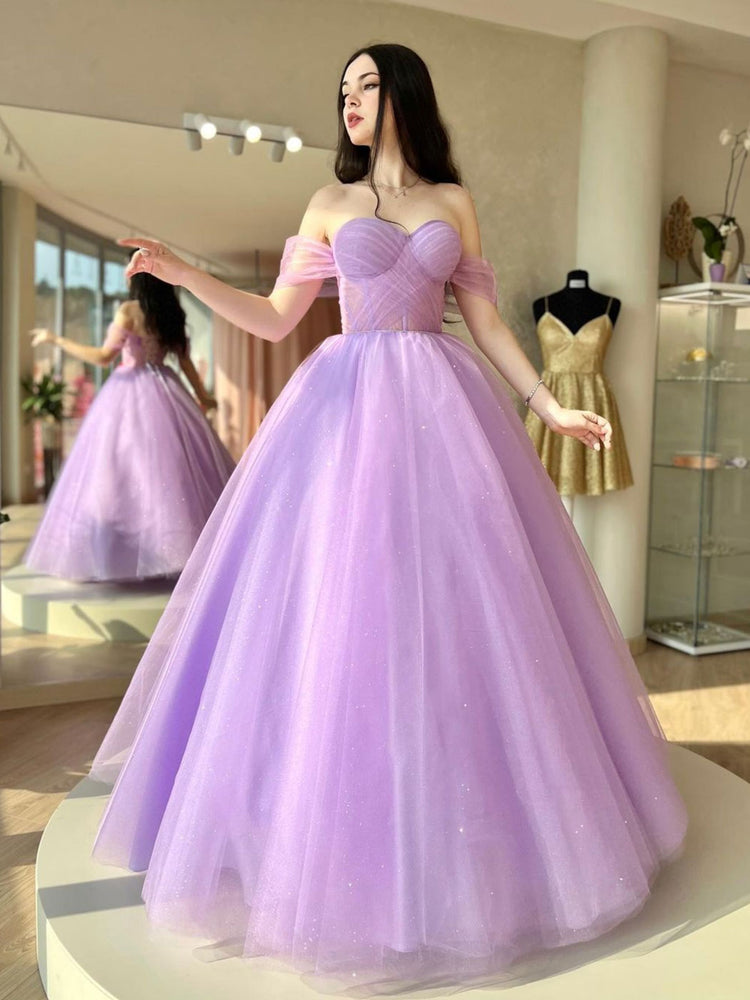 A-Line Sweetheart Neck Tulle Purple Long Prom Dress, Purple Formal Dre – shdress