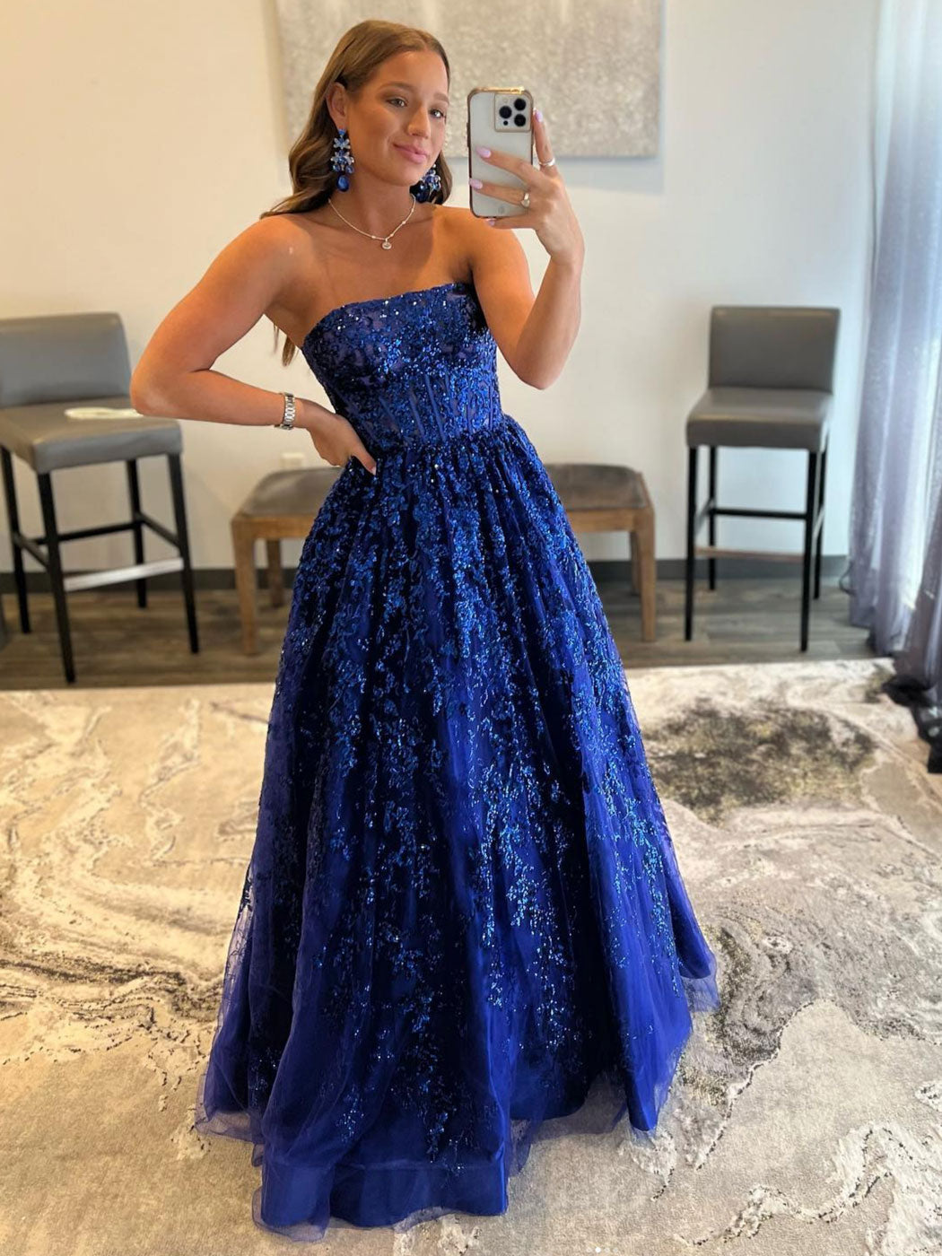 Blue A line tulle sequin long prom dress, blue tulle evening dress shdress Blue A line tulle sequin long prom dress, blue tulle evening dress shdress
