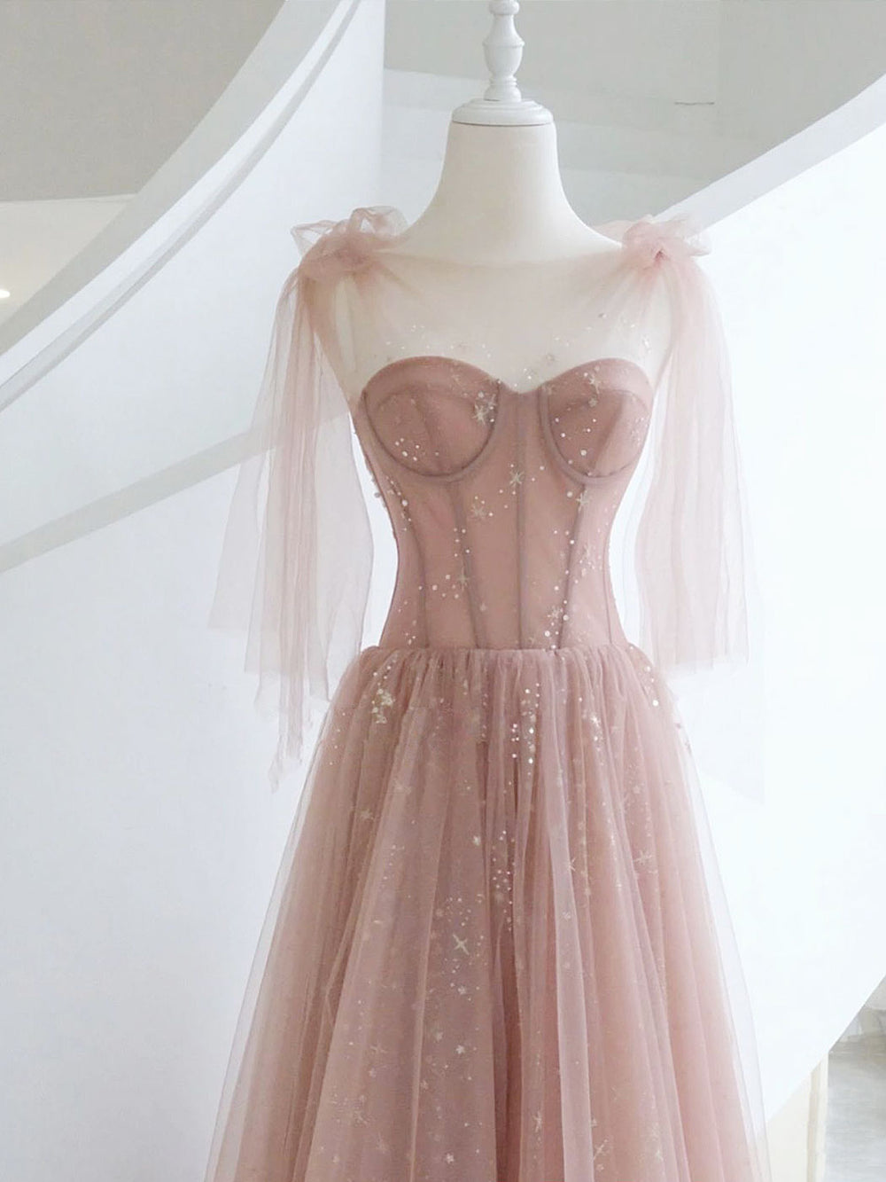 A-Line Pink Round Neck Tulle Long Prom Dresses, Pink Formal Evening Dr shdress A-Line Pink Round Neck Tulle Long Prom Dresses, Pink Formal Evening Dr shdress