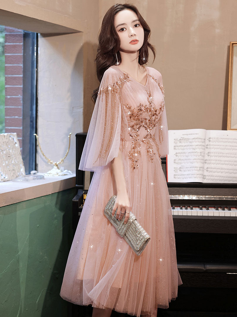 Blue Velvet Tulle Long Prom Dress, Beautiful Short Sleeve Evening Dres