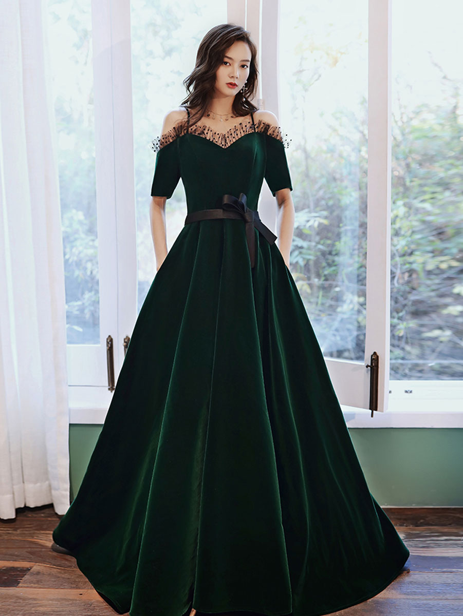 
                  
                    Green v neck velvet long prom dress, green evening dress
                  
                