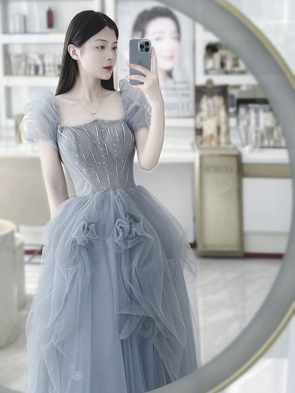 Gray tulle beads long prom dress, gray tulle formal dress