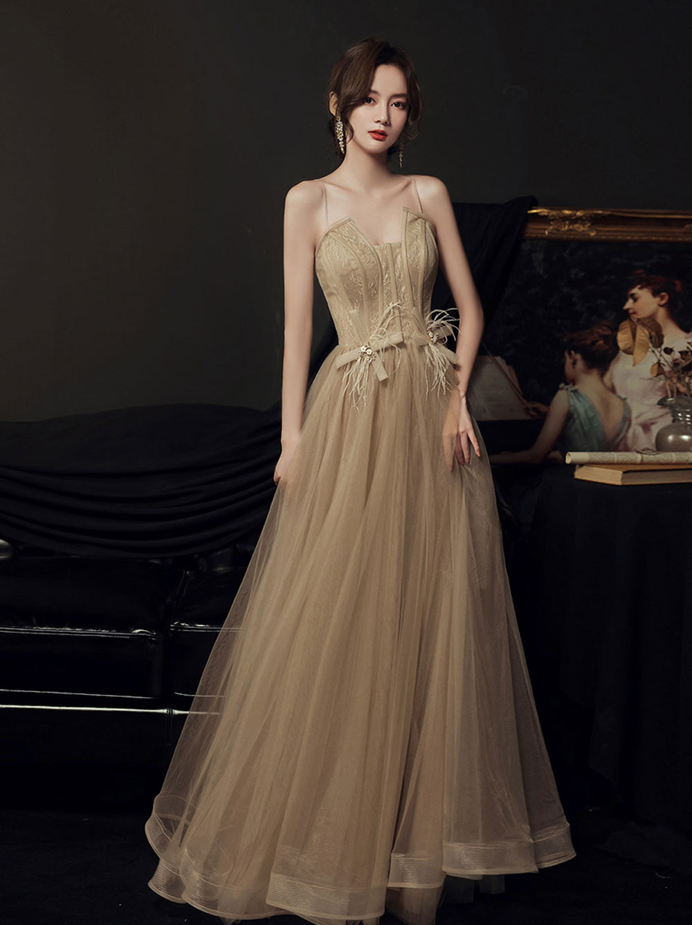 A line champagne long prom dress lace long formal dress shdress A line champagne long prom dress lace long formal dress shdress