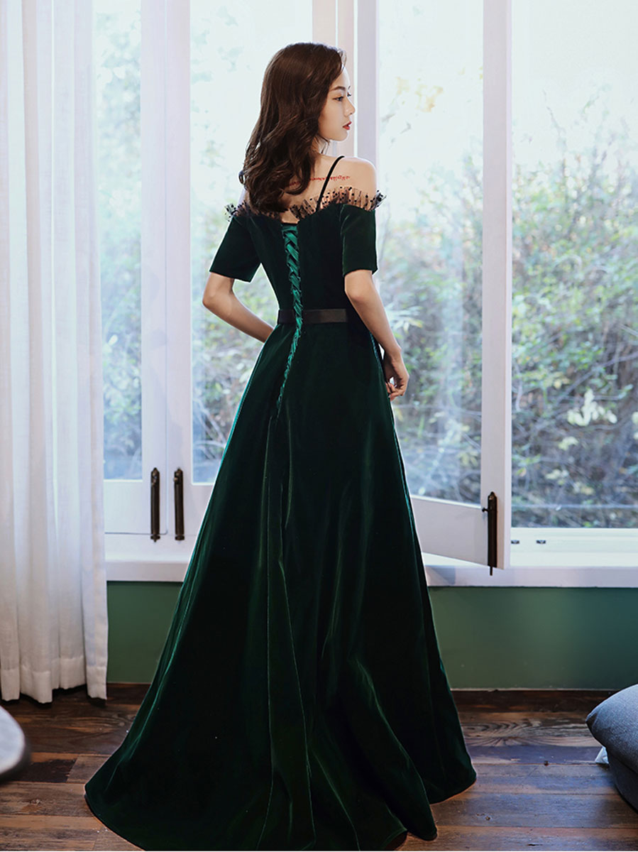 
                  
                    Green v neck velvet long prom dress, green evening dress
                  
                