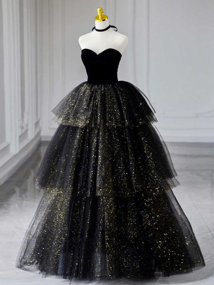 
                  
                    Black  A-Line Tulle Shiny Tulle Long Prom Dress, Black Tulle Formal Dresses
                  
                