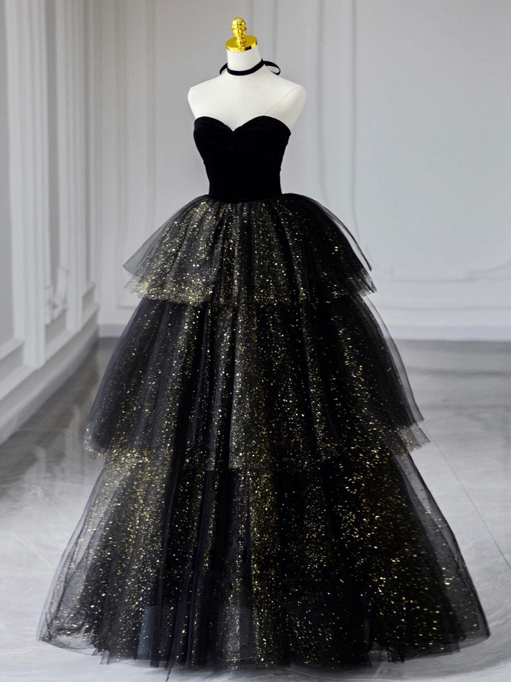 Black A-Line Tulle Shiny Tulle Long Prom Dress, Black Tulle Formal Dre –  shdress