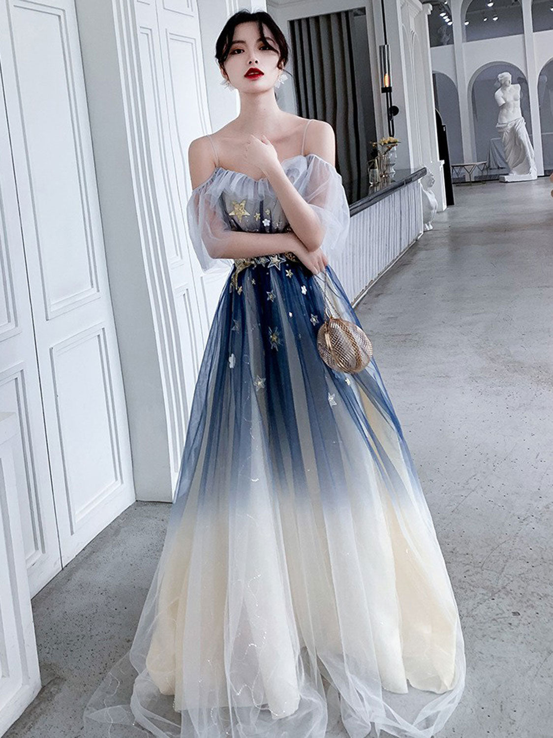 
                  
                    Blue Aline tulle long prom dress blue tulle formal dress
                  
                