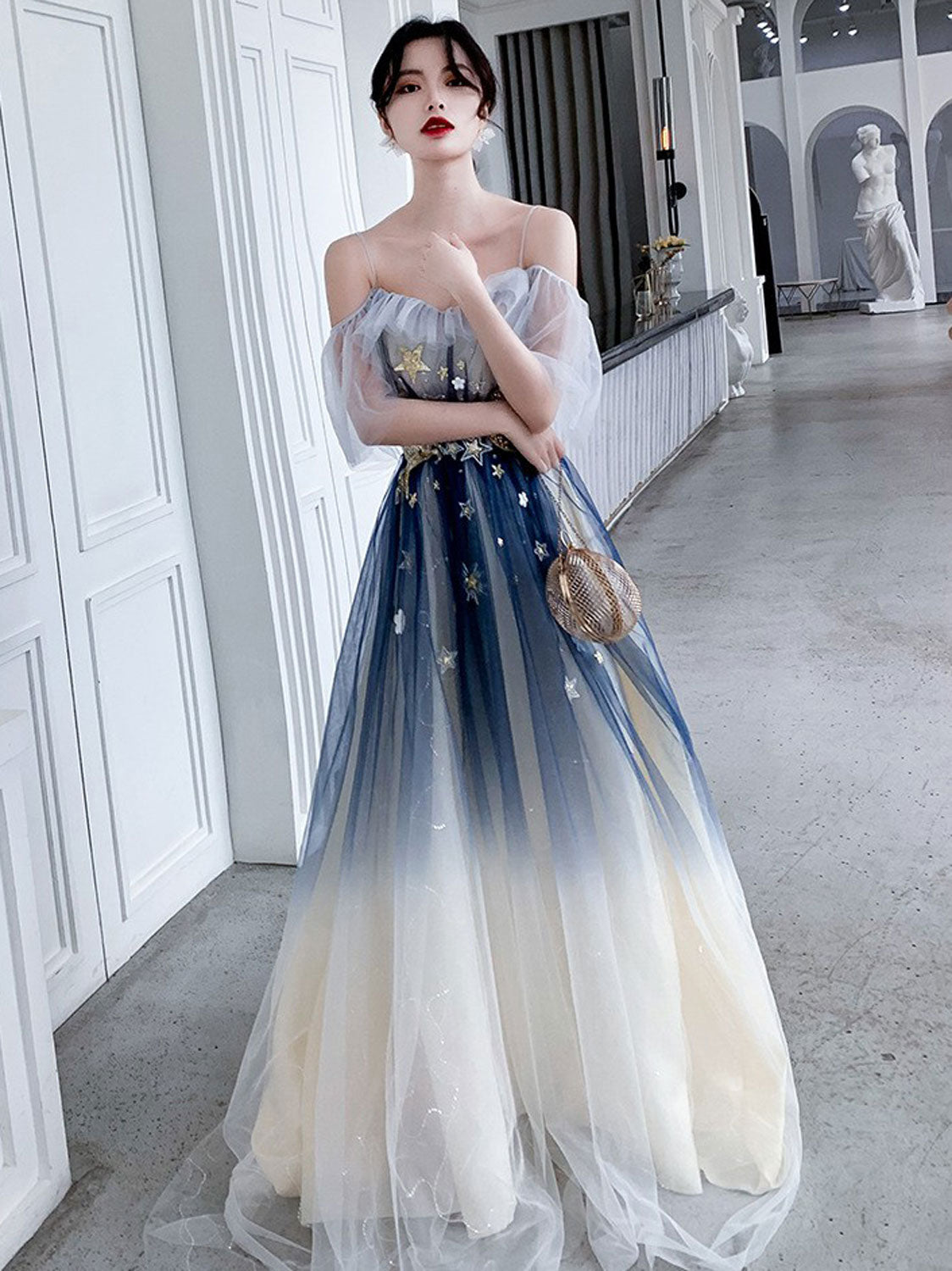 Blue Aline tulle long prom dress blue tulle formal dress – shdress