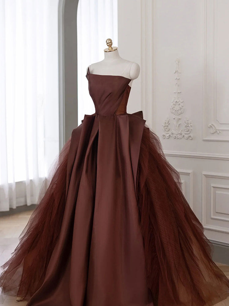 Brown Satin Tulle Long Prom Gown, Brown Long Evening Dresses โ shdress
