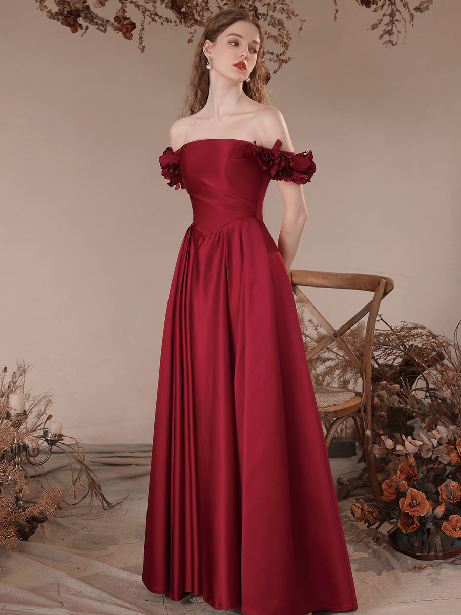 A-Line Burgundy Satin Long Prom Dresses, Burgundy Formal Evening Dresses
