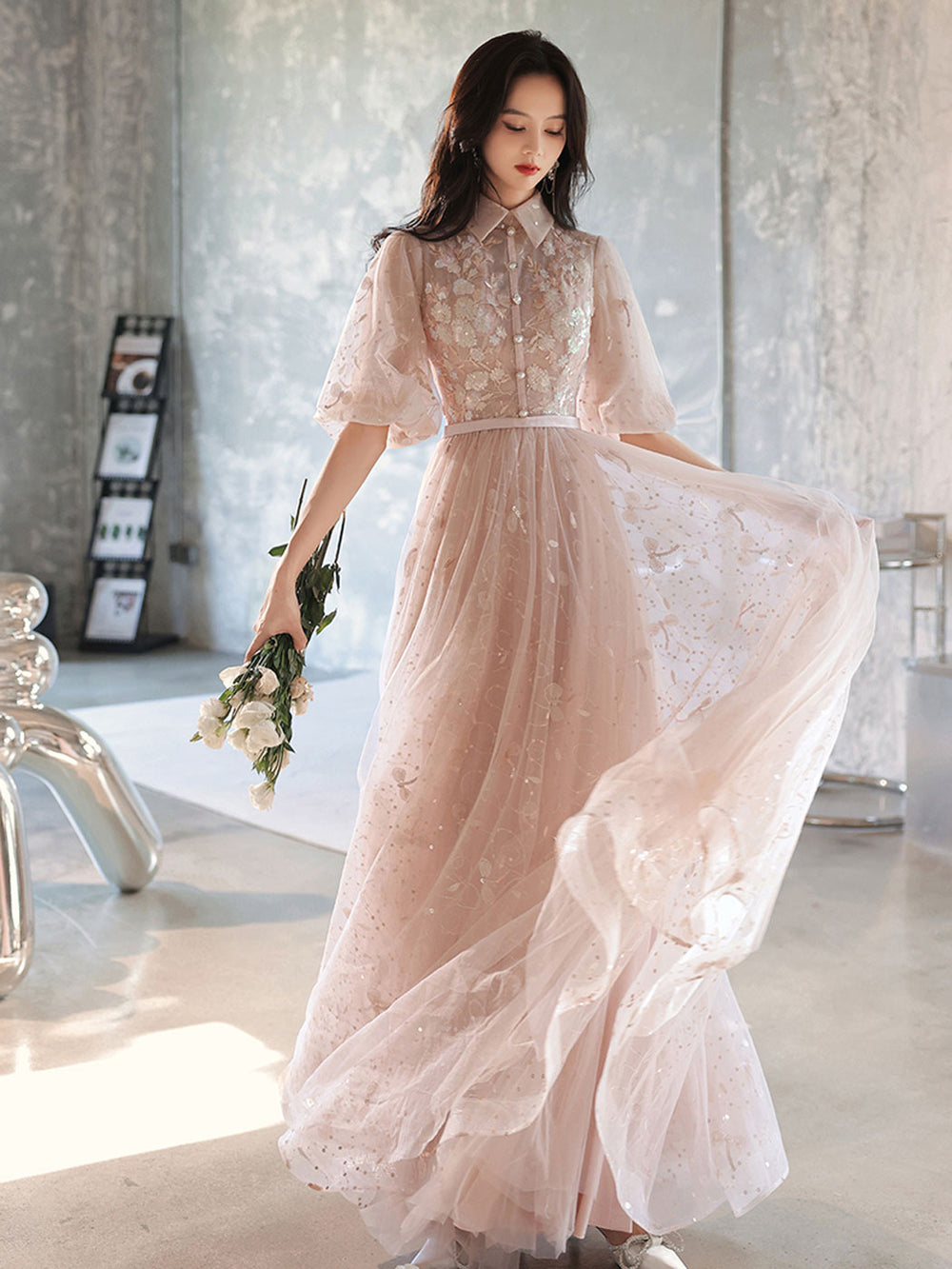 Champagne A-Line Tulle Lace Long Prom Dresses