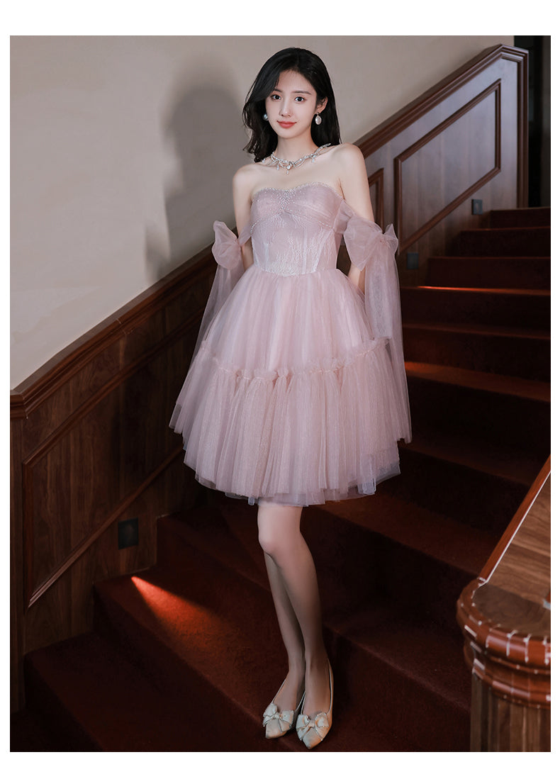 Pink tulle off shoulder short prom dress pink homecoming dress
