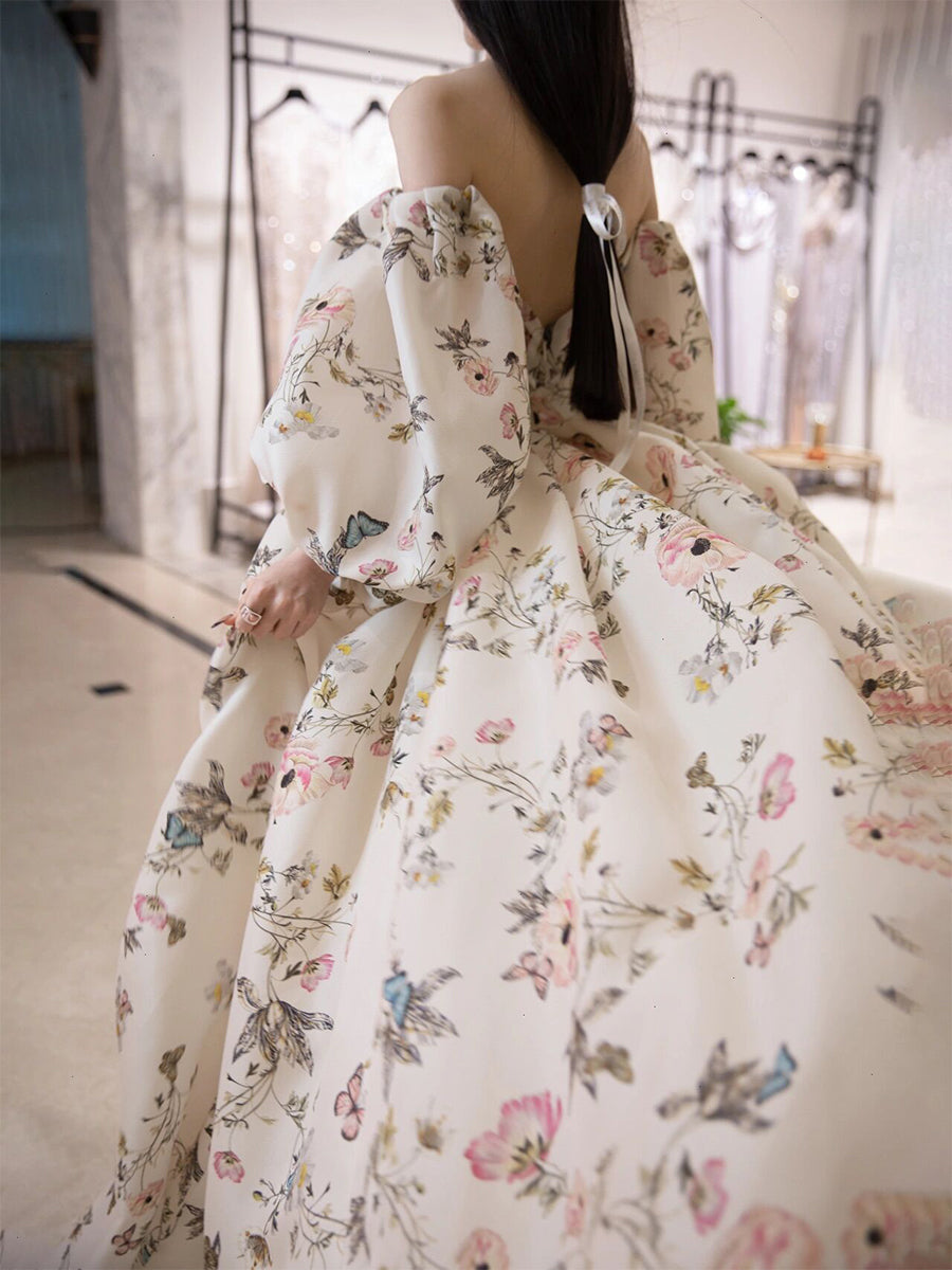Unique sweetheart neck puff sleeves long prom dress long formal dress