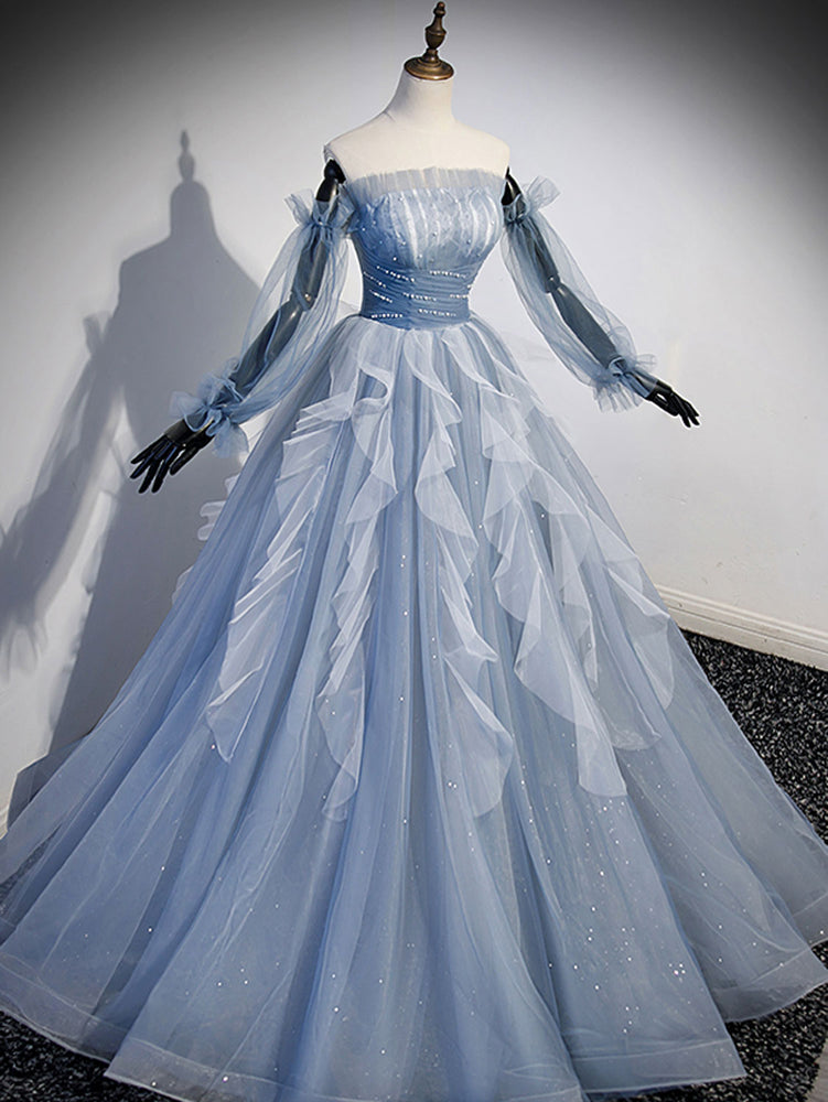 
                  
                    Blue A-Line Tulle Lace Long Prom Dresses, Blue Formal Evening Dresses
                  
                