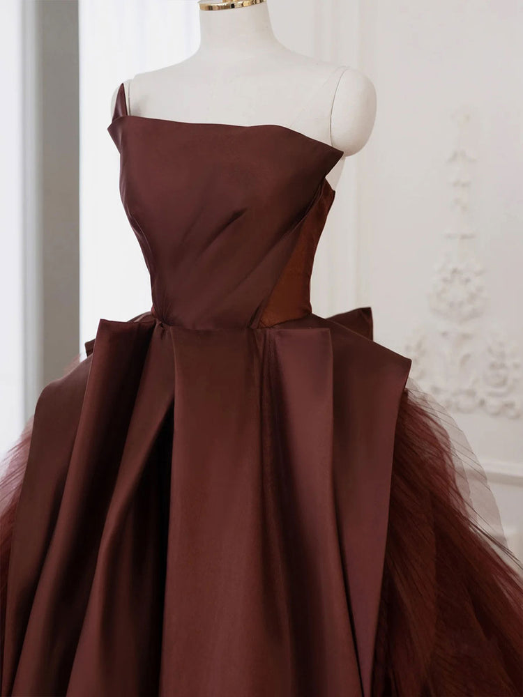 Brown Satin Tulle Long Prom Gown, Brown Long Evening Dresses shdress Brown Satin Tulle Long Prom Gown, Brown Long Evening Dresses shdress