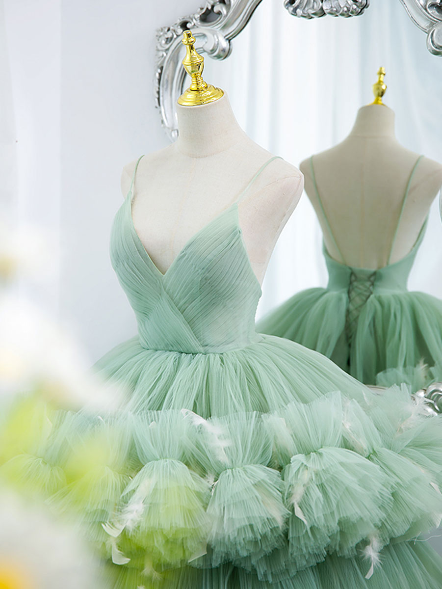 Green v neck tulle long prom gown, green tulle sweet 16 dress