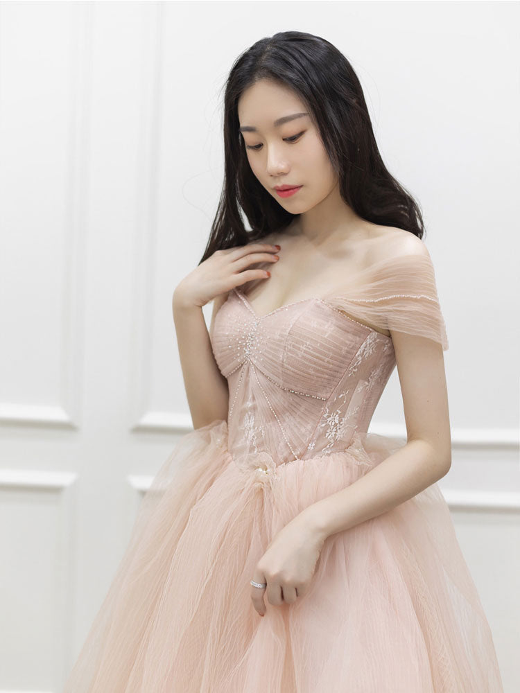 Pink off shoulder long prom dress, pink tulle formal evening dress shdress Pink off shoulder long prom dress, pink tulle formal evening dress shdress