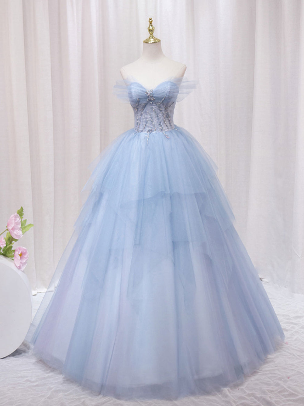 A-Line Sweetheart Neck Tulle Lace Blue Long Prom Dress, Blue Formal Evening Dress