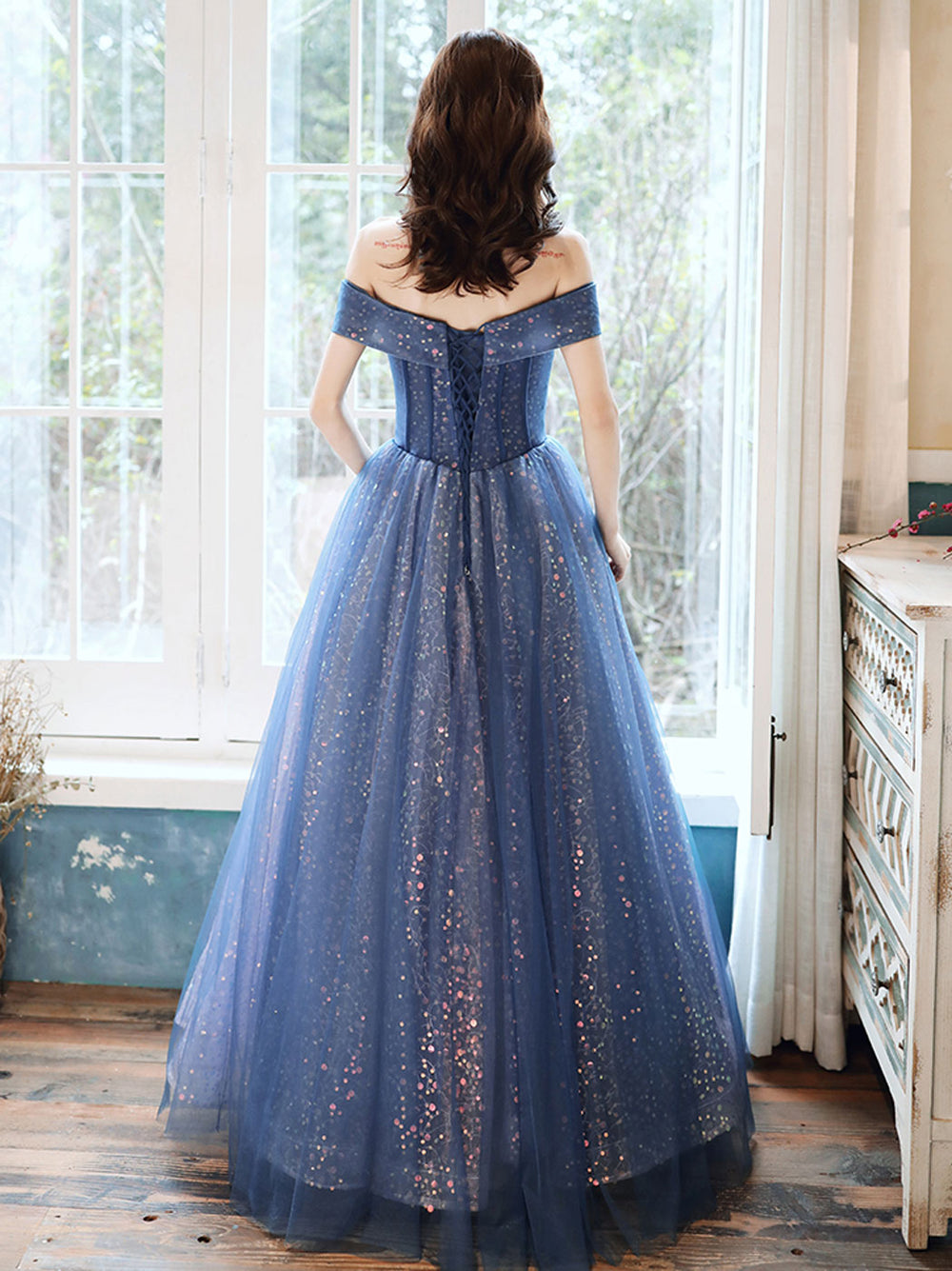 Blue Aline tulle off shoulder long prom dress blue long formal dress shdress Blue Aline tulle off shoulder long prom dress blue long formal dress shdress