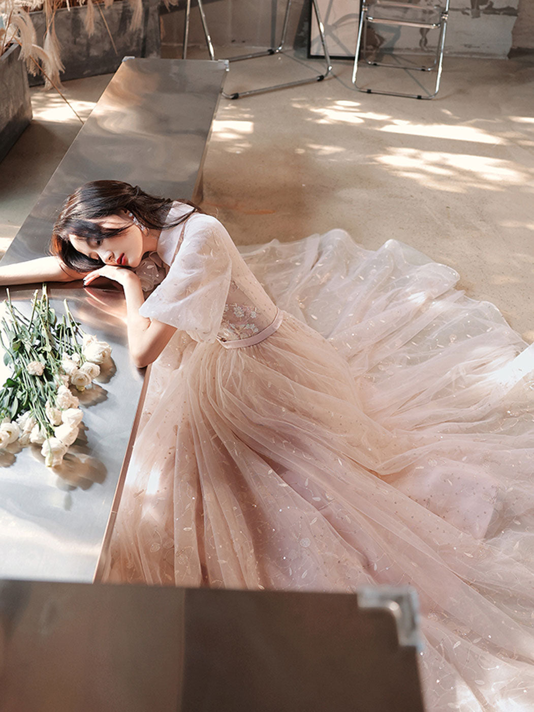 Champagne A-Line Tulle Lace Long Prom Dresses, Champagne Formal Dress shdress Champagne A-Line Tulle Lace Long Prom Dresses, Champagne Formal Dress shdress