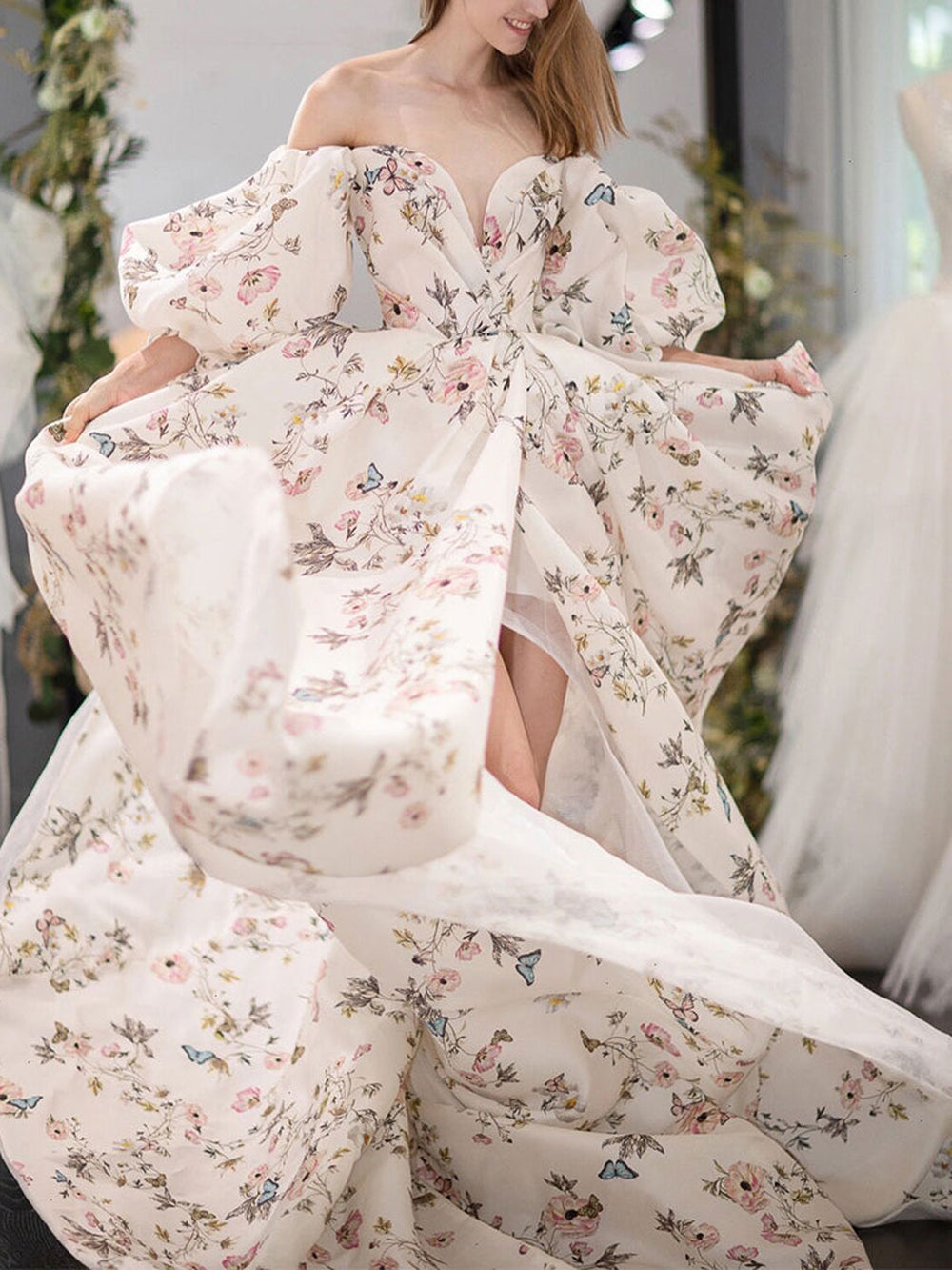 Unique sweetheart neck puff sleeves long prom dress long formal dress