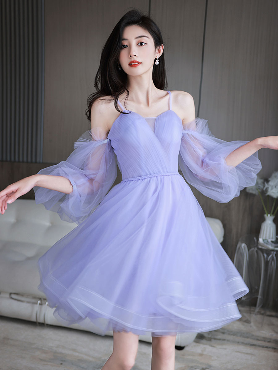 Short Sleeve Sweetheart Lavender Satin Tea Length Prom Dress