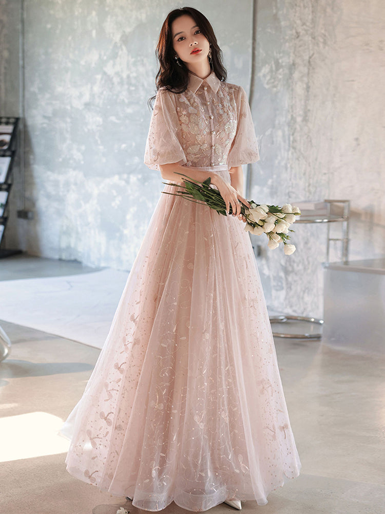 Champagne A-Line Tulle Lace Long Prom Dresses, Champagne Formal Dress shdress Champagne A-Line Tulle Lace Long Prom Dresses, Champagne Formal Dress shdress