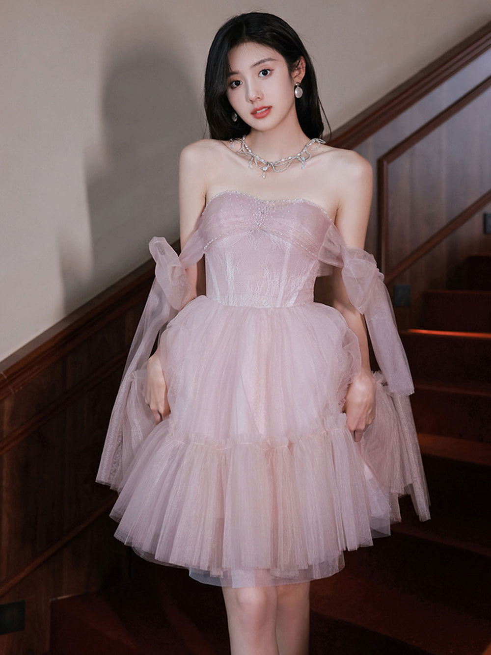 Pink tulle off shoulder short prom dress pink homecoming dress – shdress