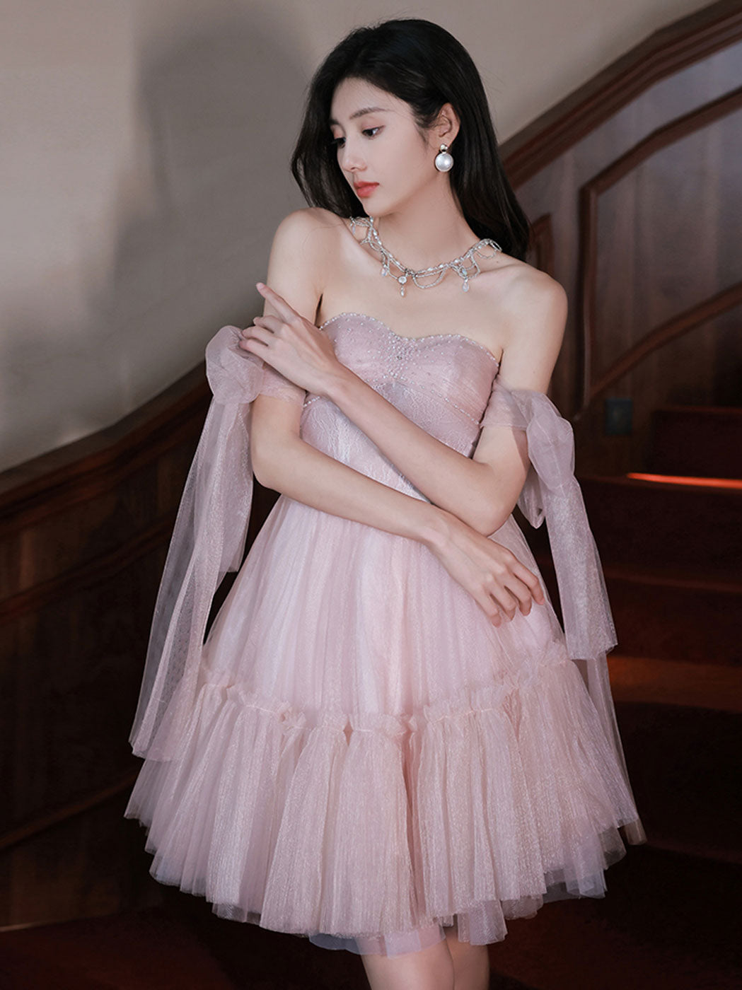 Pink tulle off shoulder short prom dress pink homecoming dress shdress Pink tulle off shoulder short prom dress pink homecoming dress shdress