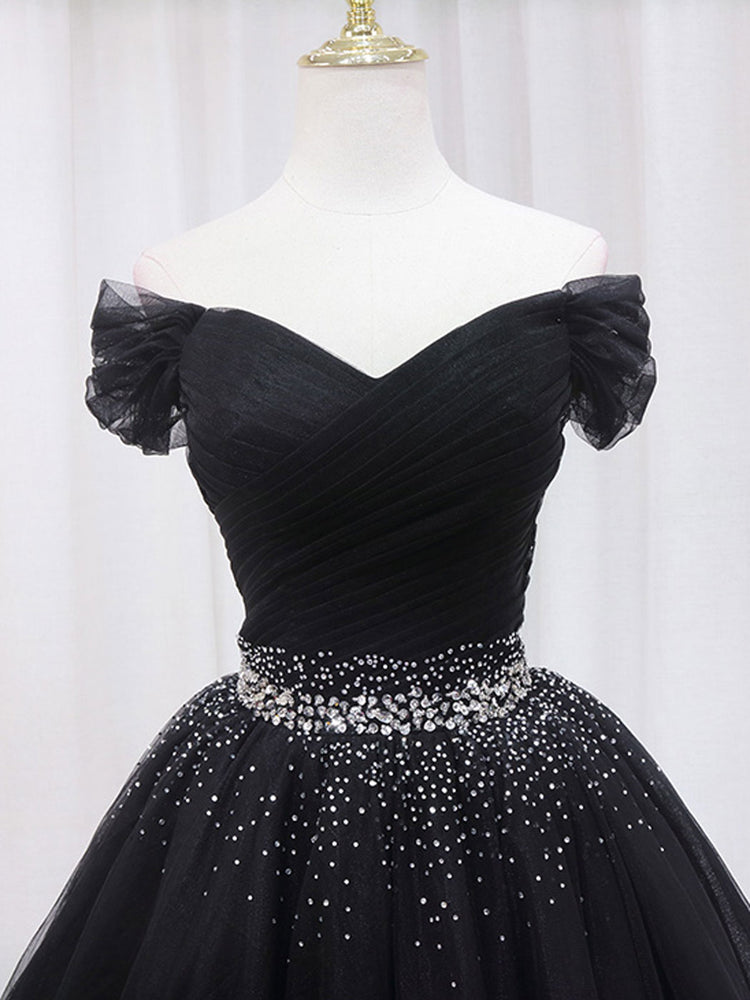 
                  
                    Black Off Shoulder Tulle Sequin Short Prom Dress, Black Homecoming Dresses
                  
                