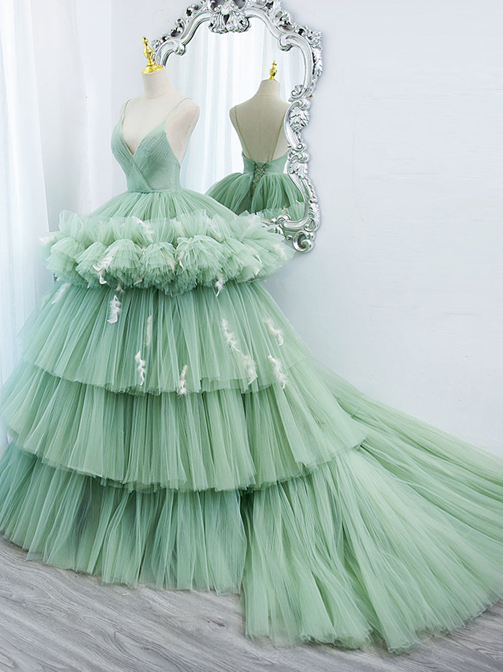 Light Green Puffy Sleeves Tulle Long Formal Dress, Light Green Prom Dr –  Cutedressy